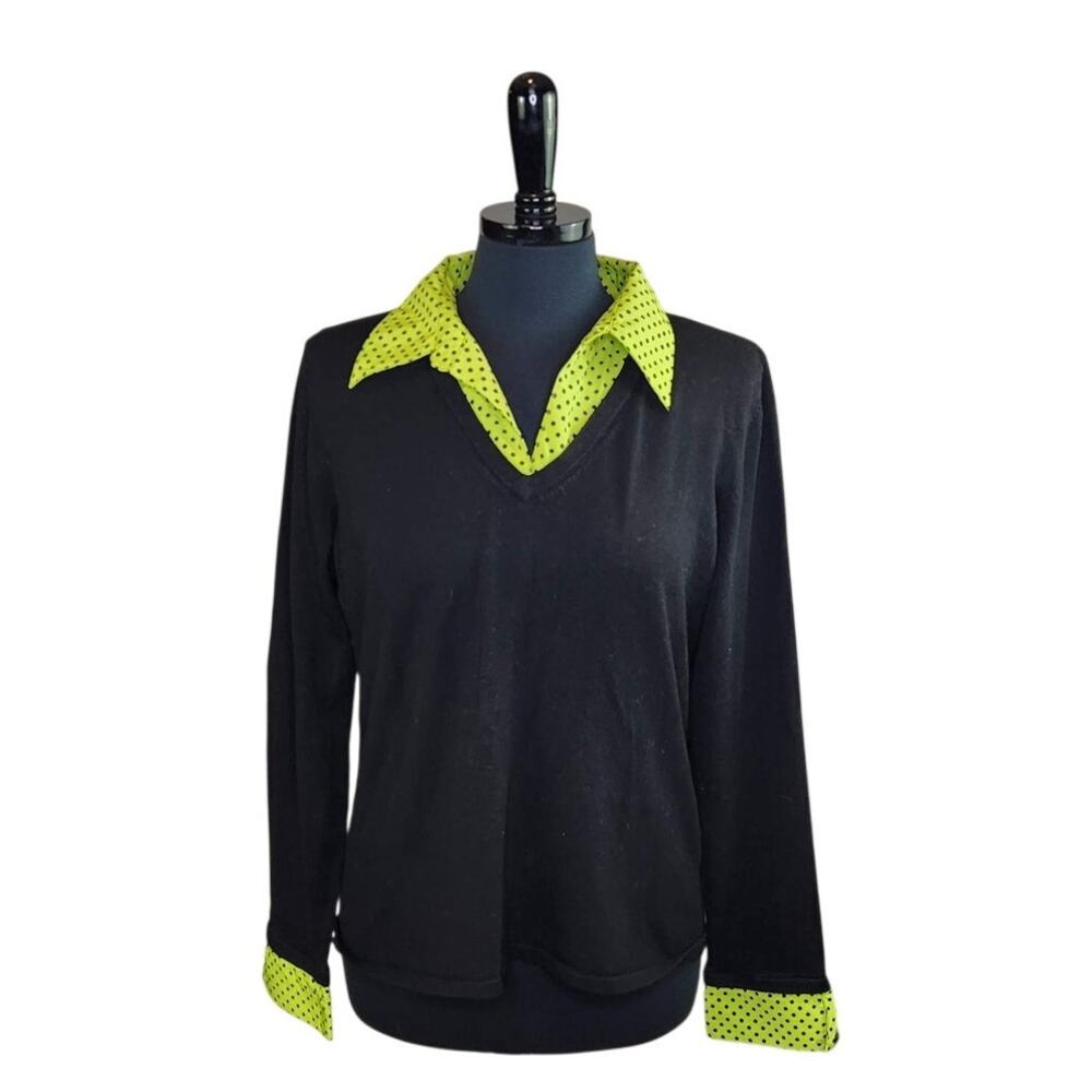 Notations Sweater Collared V Neck Black Green Polka Dot Trim 2000 Y2K